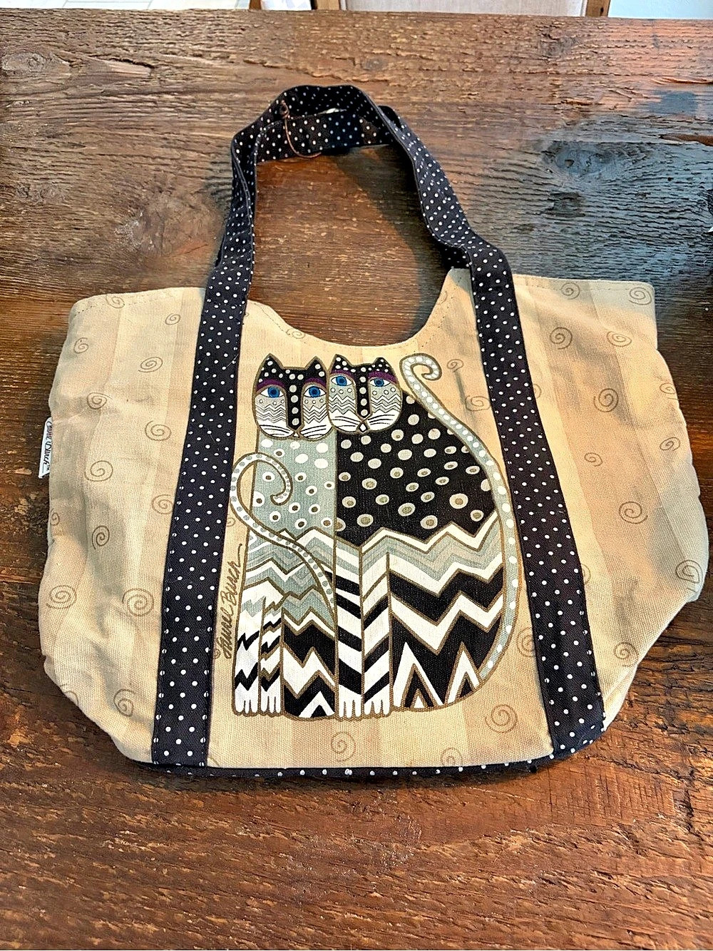 Laurel Burch Polka dot   2  Cats Tote  Bag Purse with charm